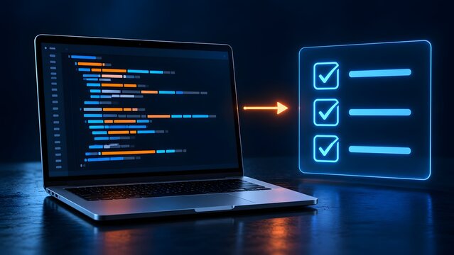 Laptop Running Software Code Connected to Digital Checklist Document Representing Automated Task Completion and Quality Assurance Validation