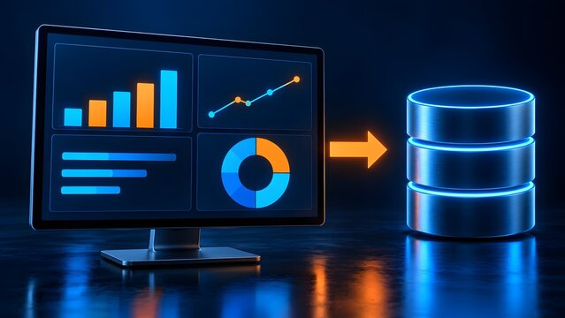 Monitor Displaying Financial Analytics Charts Transferring Digital Data to Database Server via Glowing Arrow Concept