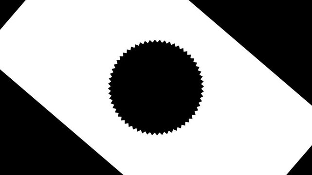Black serrated starburst circle cutout inside diagonal white wipe transition isolated on a black background. Modern geometric matte mask for video transitions.