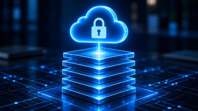 Secure Cloud Server Architecture with Glowing Padlock and Database Stack for Cyber Protection and Digital Data Storage
