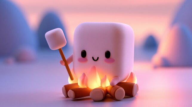 A small bonfire sits on the ground with a chunky marshmallow on a stick. Dusk pastel colors fill the background.