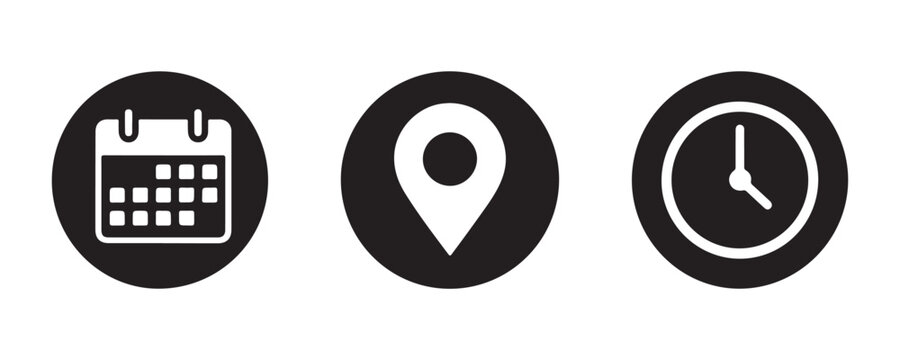 Round black icons for date map pin location and clock time management for business event planning.