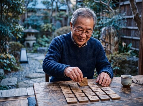 Elderly East Asian Man Flipping Wooden Memory Game Tiles
