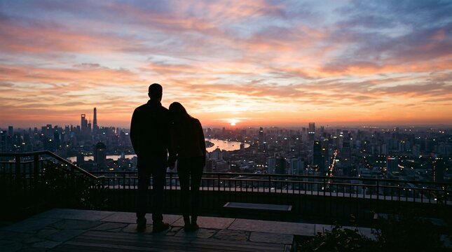 Silhouette couple embracing on rooftop terrace, watching sunrise over modern city skyline during a romantic urban date.