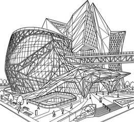 Fototapeta premium Futuristic glass building exterior with modern geometric facade lines and structural architectural framework design.