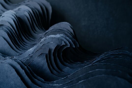 Dark blue abstract wave-like geological formation with layered textures.