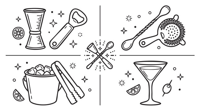 bar tools coloring page vector illustration featuring cocktail