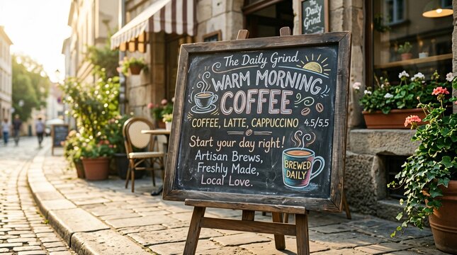 Chalkboard coffee menu sign outside European cafe in morning sunlight, offering artisan brews on a cobblestone street for Coffee Day.