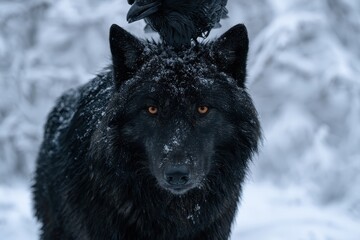 Obraz premium A black wolf with amber eyes stands in snow with a raven perched on its head. It captures the raw essence of wild predators in winter environments.