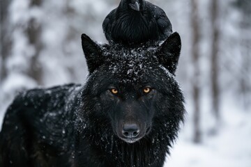 Obraz premium A black wolf stands in snowy woods with a raven perched on its head. This image illustrates wilderness harmony and mythical winter atmosphere.
