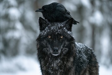 Obraz premium A black wolf stands in a snowy forest with a raven perched on its head. This shot highlights wild predators and mystical nature concepts.