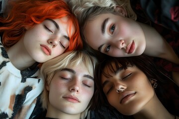Obraz premium Four diverse young queer people lying down together with eyes closed in a peaceful close-up view