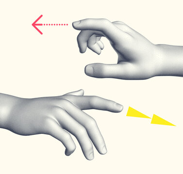 A set of hands pointing in the direction of an arrow. 3D vector design elements for websites or presentations.