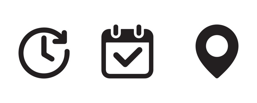 Set of icons for time, calendar, and location, perfect for navigation and scheduling applications.