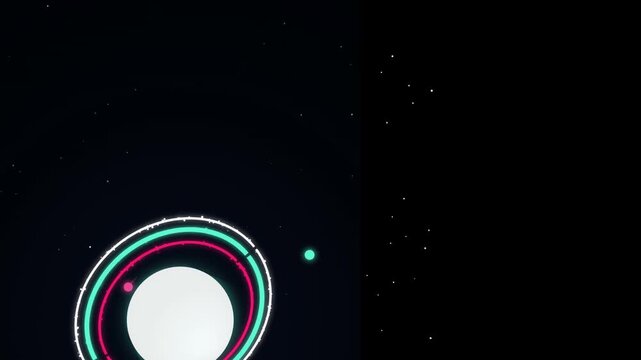 Stylized minimalist solar system motion graphics showing glowing planet with colorful neon orbital rings and moving celestial satellites in dark space