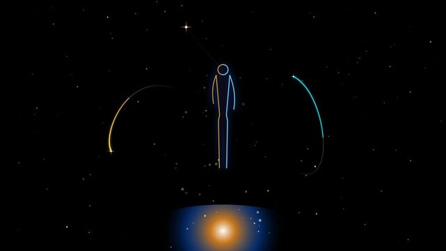Minimalist neon stick figure constellation in deep space with glowing colorful cosmic energy trail animating across a dark starry galaxy background