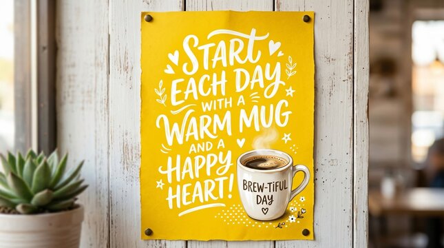 Inspirational coffee quote poster pinned on rustic white wood, featuring a steaming mug illustration and cheerful typography for Coffee Day.