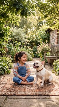 Little girl laughing at French bulldog snorting on rug