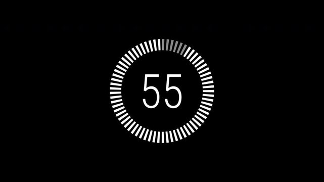 Circle countdown timer One minute animation, 1 minute countdown timer from 0 to 60 seconds on Black background. 4K video