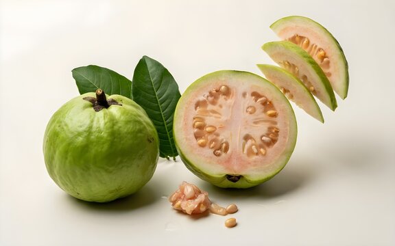 Fresh Whole and Cut Pink Guava Fruits with Green Leaves and Sliced Pieces Displayed on Plain White Background for Healthy Food and Tropical Product Marketing