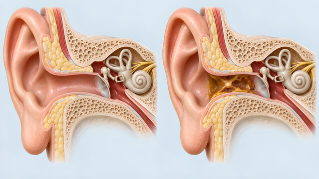 Earwax impaction versus normal ear canal anatomy, photorealistic medical illustration showing side-by-side healthy and blocked external auditory canal for ENT, healthcare, and patient education