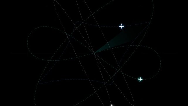 Air Traffic Control Radar Display With Glowing Aircraft Icons Moving Along Circular Flight Paths On A Minimalist Dark Screen Digital Background