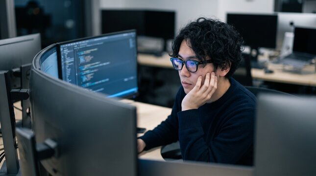 複数のモニターに囲まれ夜間のソフトウェア開発に取り組む男性エンジニア
