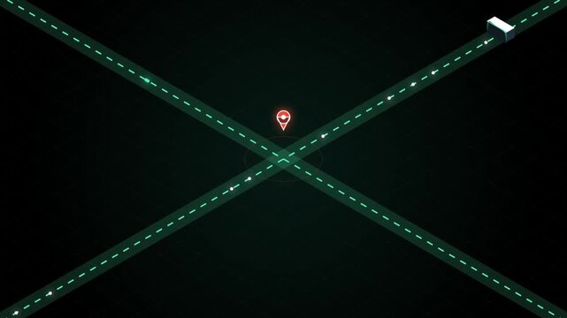 Isometric Digital Navigation Interface Featuring A White Truck Traveling Through A Glowing Neon Intersection With Animated GPS Location Marker Icon