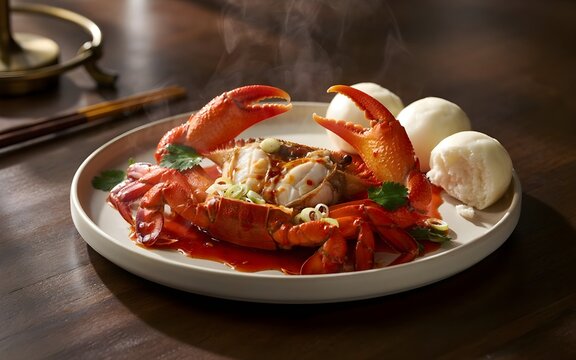 Delicious Singapore Chili Crab Dish Featuring Whole Freshly Cooked Mud Crab Coated in Rich Spicy Tomato Gravy Served with Soft Steamed Mantao Buns and Fresh Herbs on Dark Wooden Table
