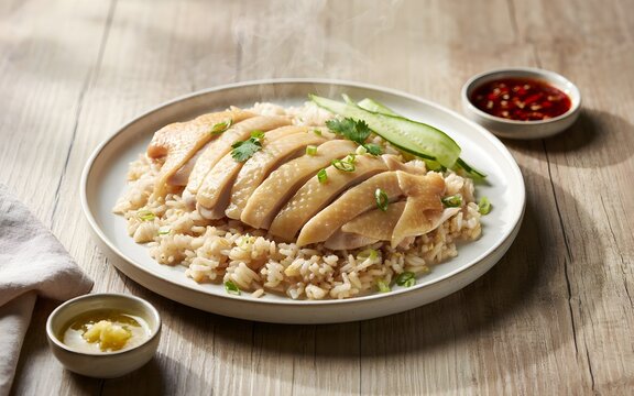 Authentic Hainanese Chicken Rice Dish Served with Tender Poached Sliced Chicken, Fragrant Seasoned Jasmine Rice, Fresh Cucumber Slices, Chili Sauce, Ginger Oil, and Steaming Broth on Rustic Wooden Tab