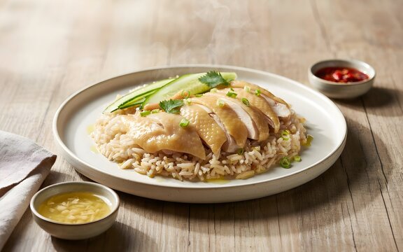 Authentic Hainanese Chicken Rice Dish Served with Tender Poached Sliced Chicken, Fragrant Seasoned Jasmine Rice, Fresh Cucumber Slices, Chili Sauce, Ginger Oil, and Steaming Broth on Rustic Wooden Tab