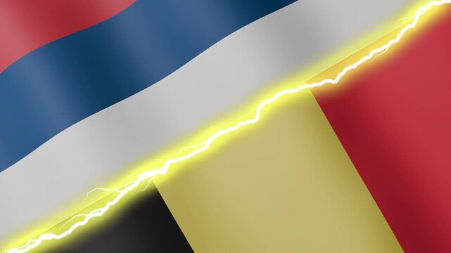 Two waving flags Serbia and Belgium with diagonal lightning seamless, 4k loop