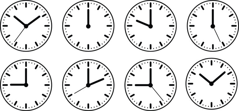 Analog clock icon set showing different times with minute and hour hands vector illustration on white background