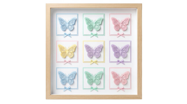 Decorative wall art frame with nine colorful paper butterflies and small bows isolated on transparent background