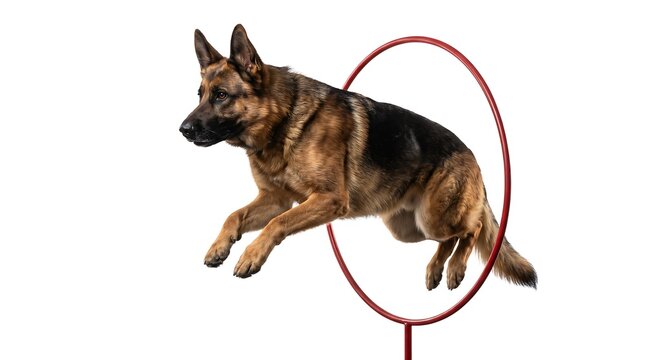 German Shepherd dog jumping through a hoop during agility training competition event