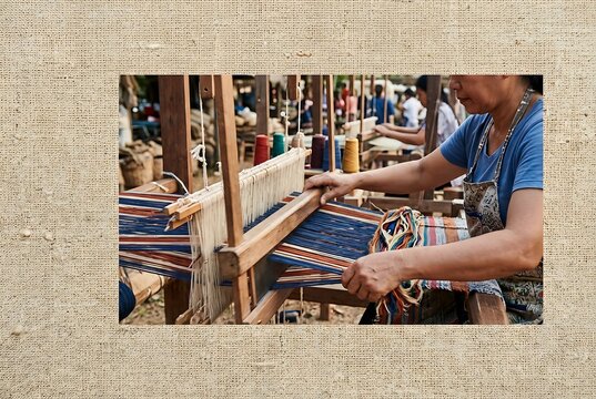 A weaver working on a traditional loom creating a vibrant fabric with intricate patterns and rich colors in a cultural setting.