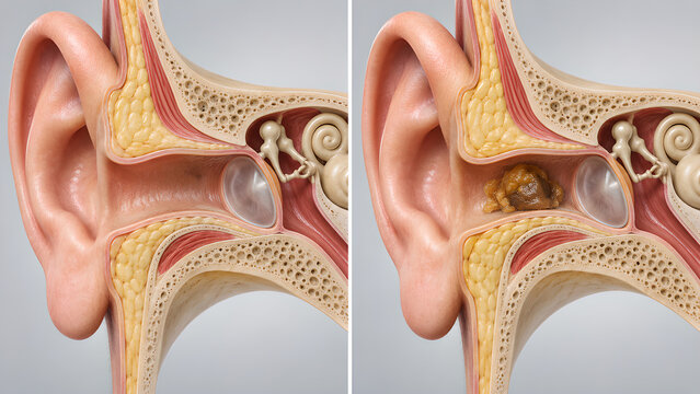 Earwax impaction versus normal ear canal anatomy, photorealistic medical illustration showing side-by-side healthy and blocked external auditory canal for ENT, healthcare, and patient education