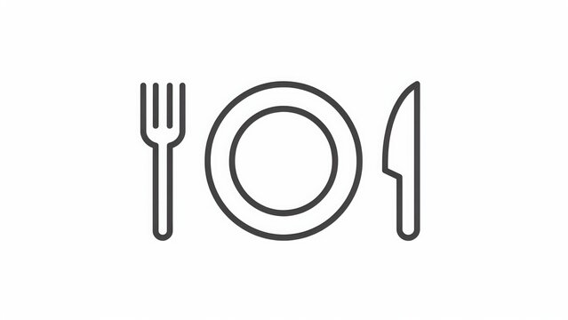 Minimalist fork, plate, and knife line icon isolated on white background. Perfect for restaurant menus, food delivery apps, and culinary business branding.