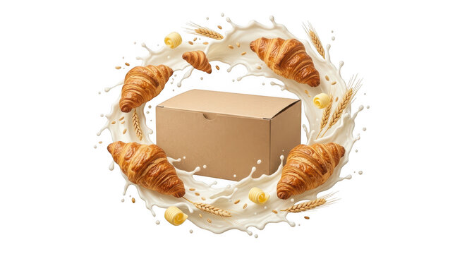 Cardboard box with croissants and milk splash isolated on transparent background