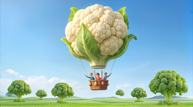 Giant cauliflower hot air balloon carrying children over broccoli forest landscape. Surreal fantasy world promoting healthy eating and vegetable consumption for kids.