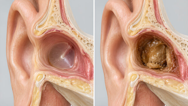 Earwax impaction versus normal ear canal anatomy, photorealistic medical illustration showing side-by-side healthy and blocked external auditory canal for ENT, healthcare, and patient education