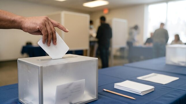 Person casting a ballot into a clear plastic voting box at a polling station