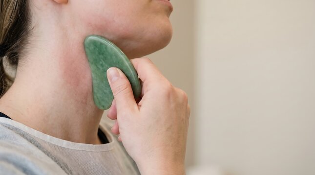 Woman using green jade gua sha tool for neck facial massage and lymphatic drainage therapy