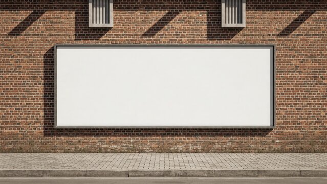 Blank horizontal billboard mounted on an old red brick wall in bright daylight. Ideal mockup template for outdoor advertising campaigns.