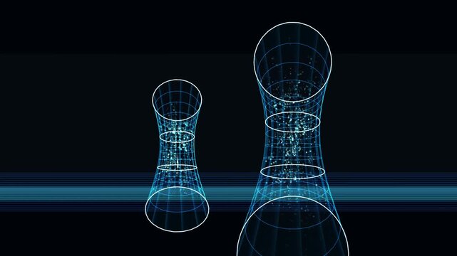 Futuristic blue glowing 3D wireframe mesh cylinders with flowing particles on dark background representing science data tech and space quantum physics