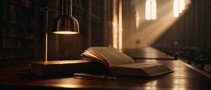 Low Angle Photo of Open Book on Long Oak Table in Monumental Library with Morning Sunbeam for Knowledge Capital and Deep Work Concept
