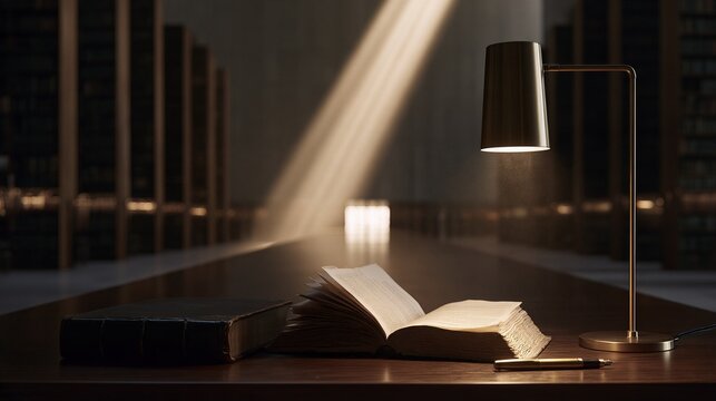 Low Angle Photo of Open Book on Long Oak Table in Monumental Library with Morning Sunbeam for Knowledge Capital and Deep Work Concept

