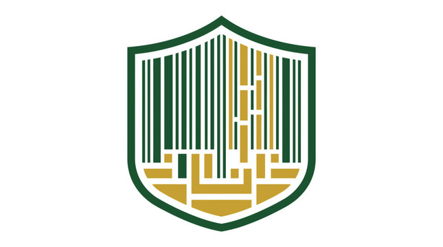 Shield emblem with barcode and building design, green and gold.
