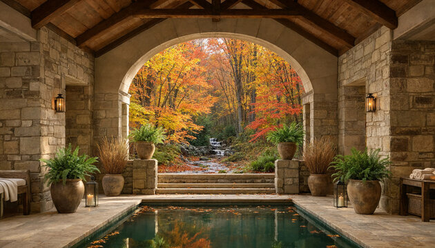 Luxury indoor spa pool with stone archway revealing vibrant autumn forest landscape and stream luxury retreat wellness concept