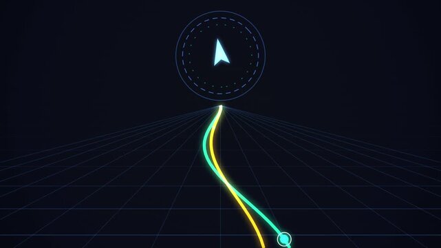 Futuristic HUD interface animation featuring a glowing neon arrow navigation icon moving along dynamic cyan and yellow light trails on a dark grid